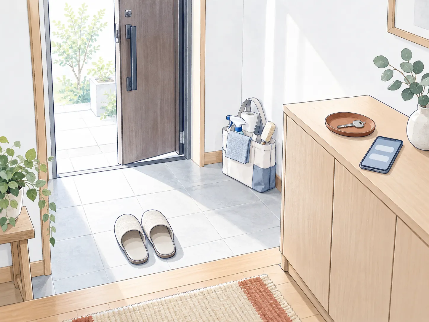 玄関の棚に鍵とスマートフォンを置き、スリッパと掃除道具の袋を用意したイラスト